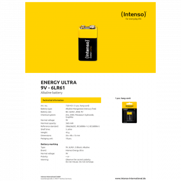 (Intenso) Baterija alkalna, 6LR61, 9 V, blister 1 komad - 6LR61 / 9V