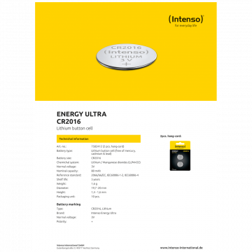 (Intenso) Baterija litijska, CR2016/2, 3 V, dugmasta,  blister  2 kom