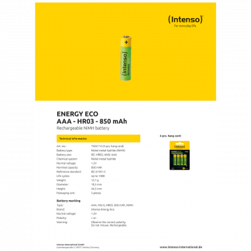 (Intenso) Baterija punjiva AAA / HR03, 850 mAh, blister 4 kom - AAA / HR03/850