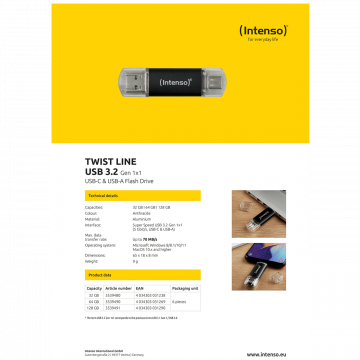 (Intenso) USB Flash drive 64GB, USB 3.2, USB-C, USB-A, Twist Line - USB3.2-64GB/Twist Line