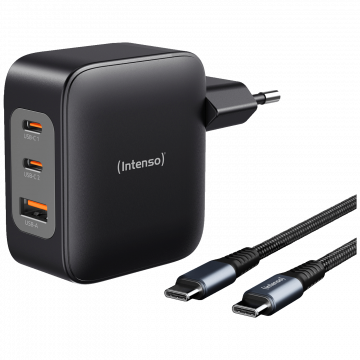 (Intenso) Punjač kučni sa type C kabelom, brzi, 1xUSB-A, 2xUCB-C, 100W - Adapter W100ACC GaN + C520C Cable