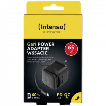 (Intenso) Punjač kučni sa type C kabelom, brzi, 1xUSB-A, 1xUCB-C, 65W - Power Adapter W65ACIC GaN Black