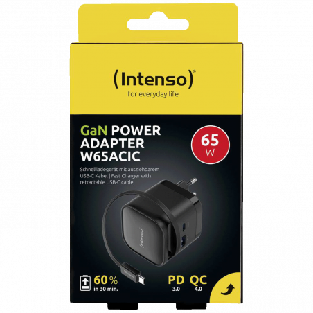 (Intenso) Punjač kučni sa type C kabelom, brzi, 1xUSB-A, 1xUCB-C, 65W - Power Adapter W65ACIC GaN Black