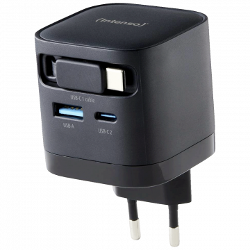 (Intenso) Punjač kučni sa type C kabelom, brzi, 1xUSB-A, 1xUCB-C, 65W - Power Adapter W65ACIC GaN Black