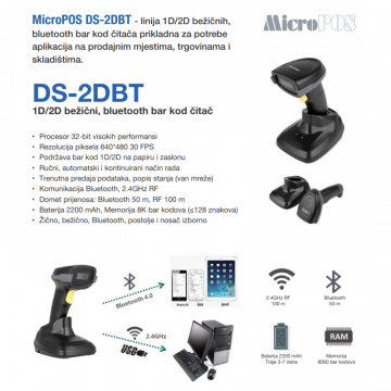 MicroPOS 1D/2D bar kod citac DS-2DBT,crni,BT,WF