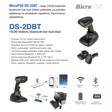 MicroPOS 1D/2D bar kod citac DS-2DBT,crni,BT,WF