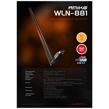 Amiko Wi-Fi mrežna kartica, USB, 2.4 GHz, 5 dB, 150 Mbps - WLN-881