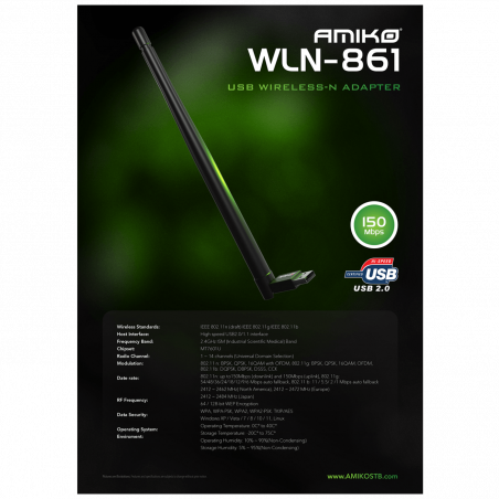 Amiko Wi-Fi mrežna kartica, USB, 2.4 GHz, 150 Mbps - WLN-861