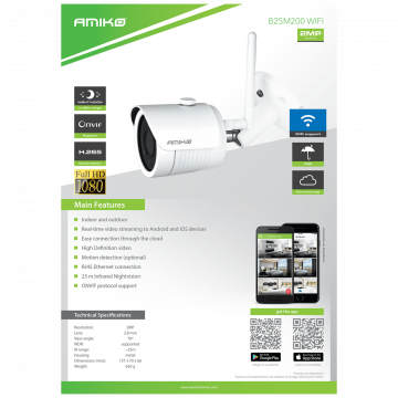 Amiko Home Kamera IP 2MP, PoE, 1/2.9" CMOS, 2.8mm, IP66, WiFi - B25M200 WIFI