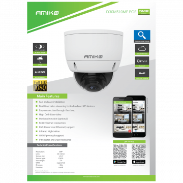 Amiko Home Kamera IP, 5 MP 1/2.8" SONY Starvis, PoE, H.265 - D30M510B MF PoE