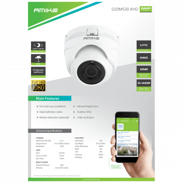 Amiko Home Kamera analogna, 4in1, 5 MPixel, 1/2.5" CMOS, HD Lens 2,8mm - D20M530-AHD