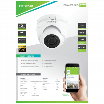 Amiko Home Kamera analogna, 4in1, 8 MPixel, 1/1.8" CMOS, HD Lens 2,8mm - D20M830-AHD