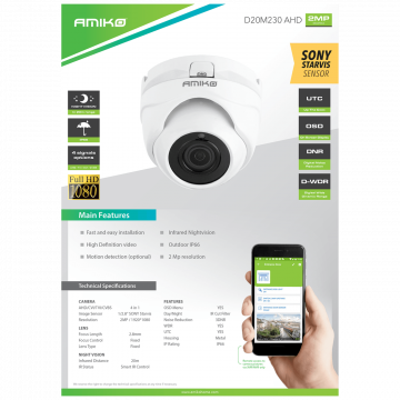 Amiko Home Kamera 2 MP, 1/2.8" SONY Starvis CMOS, HD Lens 2,8 mm - D20M230 AHD