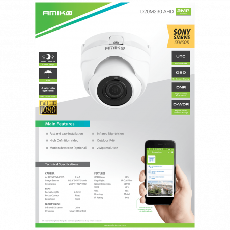 Amiko Home Kamera 2 MP, 1/2.8" SONY Starvis CMOS, HD Lens 2,8 mm - D20M230 AHD