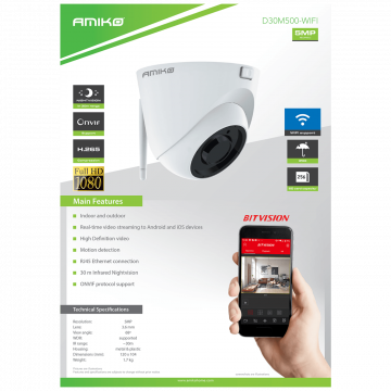 Amiko Home Kamera IP 5 MP, 1/2.5" Fulhan CMOS, 3.6mm, WiFi - D30M500 WIFI