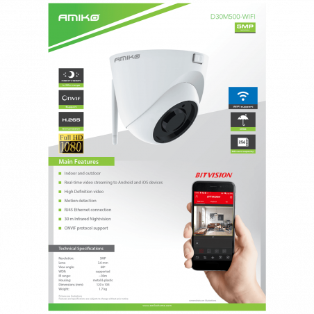 Amiko Home Kamera IP 5 MP, 1/2.5" Fulhan CMOS, 3.6mm, WiFi - D30M500 WIFI