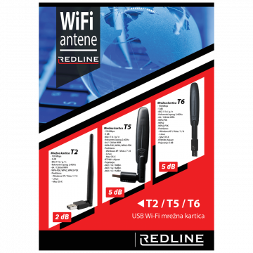 REDLINE Wi-Fi mrežna kartica, USB, 2.4 GHz, 5 dB, 150 Mbps, RT7601 - T5 WiFi antena