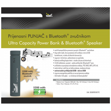 MeanIT Punjač prijenosni za mobitele +  BT zvučnik, 5200mAh - PPS6
