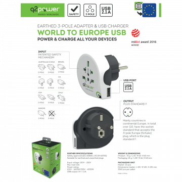 q2power Adapter, putni, univerzalni sa USB-om - WORLD TO EUROPE USB