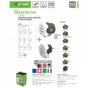 q2power Adapter, strujni, set, univerzalni + EU, USB - QDAPTER 360 USB