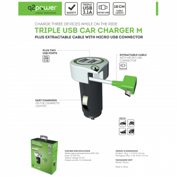 q2power Auto punjač, Dual USB, 3.1A, microUSB - TRIPLE USB CAR CHARGER M