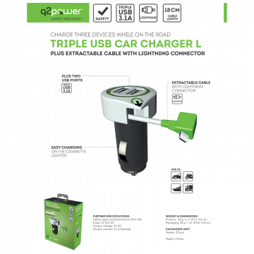 q2power Auto punjač, Dual USB, 3.1A, lightning konektor - TRIPLE USB CAR CHARGER L