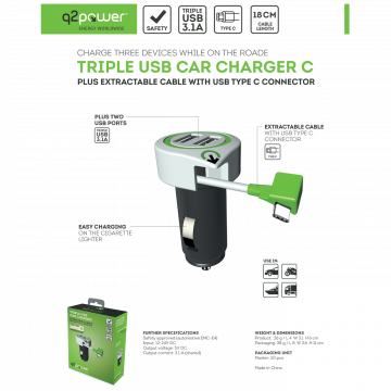 q2power Auto punjač, Dual USB, 3.1A, type C konektor - TRIPLE USB CAR CHARGER C