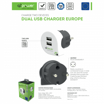 q2power Punjač kućni za smartphone, tablete, 2 x USB, 2.4A - DUAL USB CHARGER EUROPE