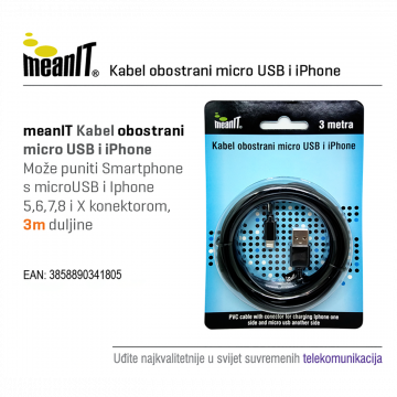 MeanIT USB kabl sa micro USB i iPhone priključkom, 3 met - KABEL MICROUSB / iPHONE