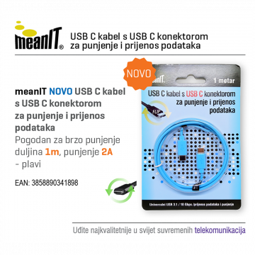 MeanIT USB kabl za smartphone, USB C / USB C, 1 met - KMUSBC2