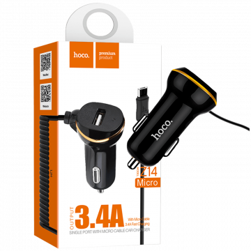 hoco. Auto punjač  sa micro USB kabl, USB, 5 V/3.4 A, crna - Z14 single, micro USB, BK