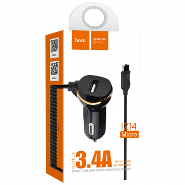 hoco. Auto punjač  sa micro USB kabl, USB, 5 V/3.4 A, crna - Z14 single, micro USB, BK
