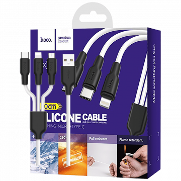 hoco. USB kabl, 3in1, microUSB, type C, Lightning, 1.2 met., 2 A - X21 Silicone 3in1, Black/White