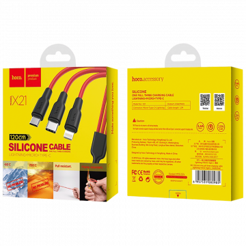 hoco. USB kabl, 3in1, microUSB, type C, Lightning, 1.2 met., 2 A - X21 Silicone 3in1, Black/Red