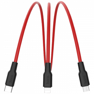 hoco. USB kabl, 3in1, microUSB, type C, Lightning, 1.2 met., 2 A - X21 Silicone 3in1, Black/Red