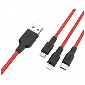 hoco. USB kabl, 3in1, microUSB, type C, Lightning, 1.2 met., 2 A - X21 Silicone 3in1, Black/Red