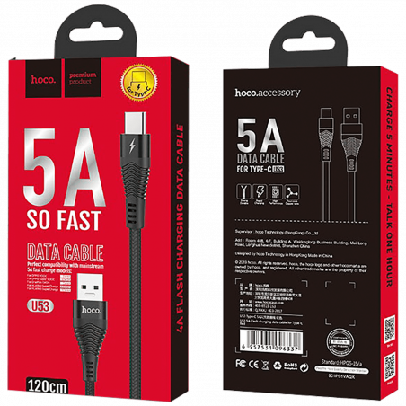 hoco. USB kabl za smartphone, USB type C, 1.2 met., 5 A, crna - U53 5A Flash