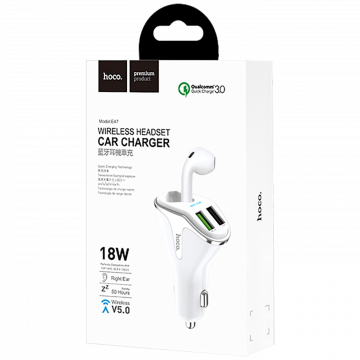 hoco. Auto punjač sa bežičnom slušalicom, QC,2 x USB, 3.1 A,bijela - E47 Traveller White