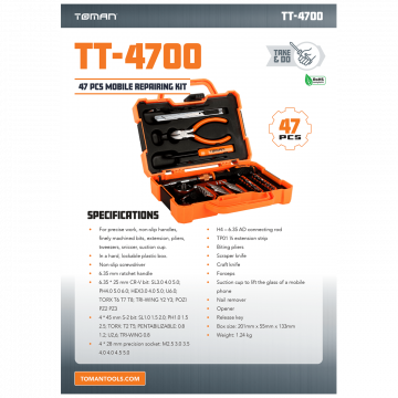 Toman Set alata, mobilni montažni komplet, 47 kom. - TT-4700