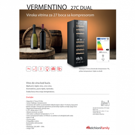 MELCHIONI family Rashladna vinska vitrina, zapremina 74 lit - VERMENTINO 27 C DUAL