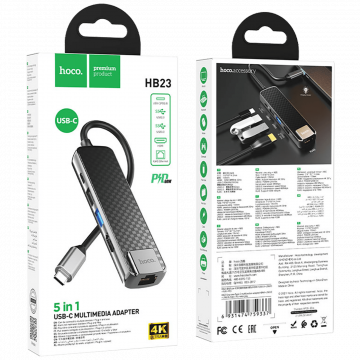hoco. Konverter USB HUB type C to USB3.0/USB2.0/HDMI/RJ45/PD - HB23 Easy view