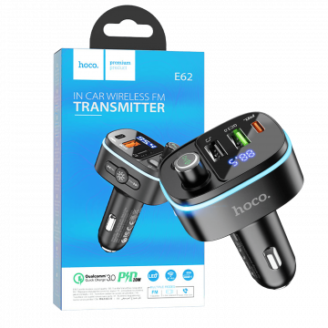 hoco. FM modulator, E62,Bluetooth,12/24 V,2xUSB, 1xUSB-C,PD20W - E62 Fast