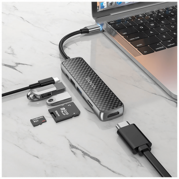 hoco. Konverter USB HUB type C to HDMI/USB3.0/USB2.0/SD/ TF/PD - HB24 Easy display