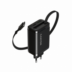 CANYON OnCharge 65RC punjač 65W USB-C sa ugrađenim kablom, 1xPD 1xQC, EU, crni