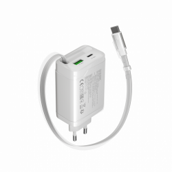 CANYON OnCharge 65RC punjač 65W USB-C sa ugrađenim kablom, bijeli