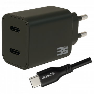 REDLINE Punjač sa USB-C kablom,  2 x USB-C, brzi, 35W, GaN - PQ351CC+CC1.2M60W