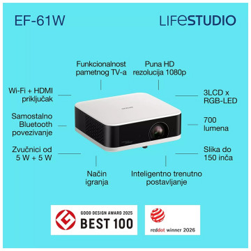 Projektor Epson Lifestudio Pop EF-61W. 3LCD.Laser Full HD. Android TV. 700 lumena, Sound by Bose, Google TV, prijenosni, Sound b