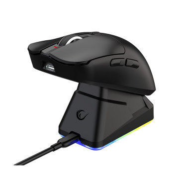 Miš gaming RAMPAGE Aeris Wireless RGB Charging Stand Black 24000 DPI 3311 Sensor Rechargeable 80 Million Huano Switch, 43356