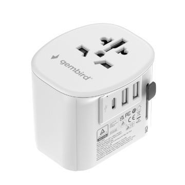 Univerzalni strujni adapter za sve zemlje + USB + Type-C punjač GEMBIRD, 20 W, white, TPA-EU2A1C15-01-W