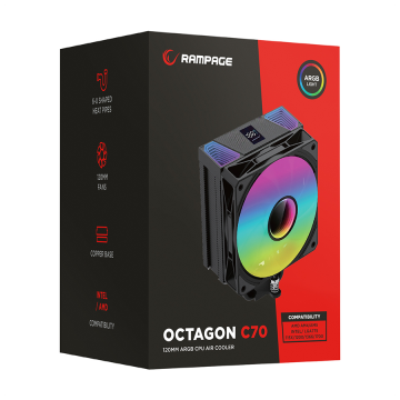 CPU hladnjak RAMPAGE OCTAGON C70 White 63CFM 12cm ARGB Temperature Display AM5/LGA1700 Compatible Air Cooled CPU Fan 41403